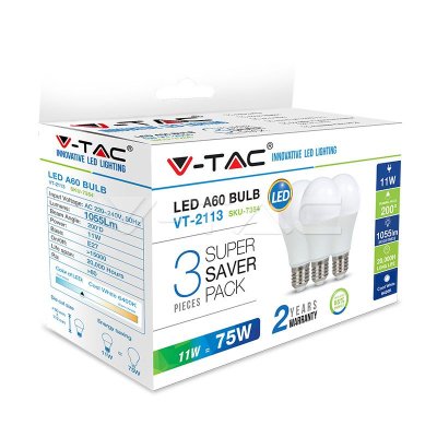 LED LAMPADINA - 11W E27 A60 THERMOPLASTICA LUCE BIANCA 3 PZ/PACK 6400K