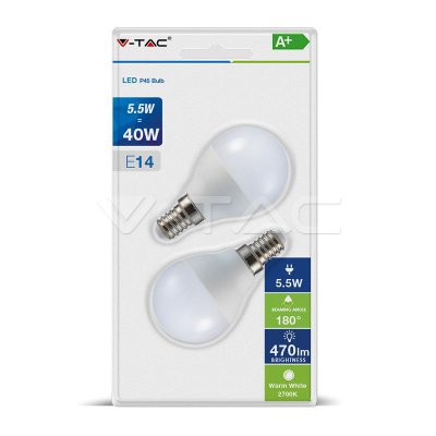 LED LAMPADINA - 5.5W E14 P45 LUCE BIANCO CALDO 2 PZ/PACK 2700K