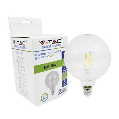 LED LAMPADINA 6W FILAMENTO E27 G125 VETRO TRASPARENTE 6400K