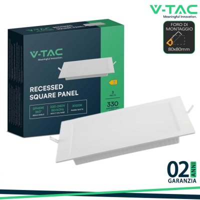 3W LED PANNELLO DA INCASSO QUADRATO 3000K