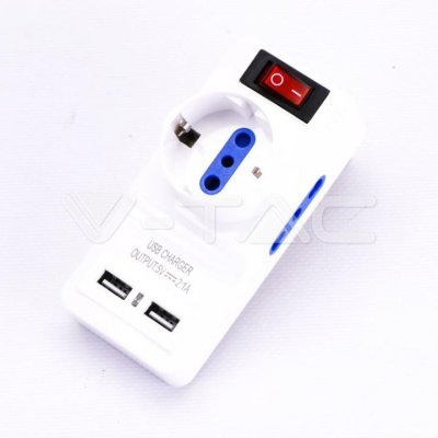 ADATTATORE 2 VIE 10/16A PRESA ITALIANA E 1VIA 10/16A ITALIANO /SCHUKO CON ITERRUTTORE DUE PORTE DI RICARICA USB 2.1A SPI