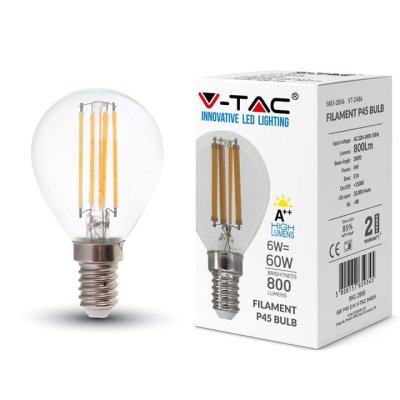 LED LAMPADINA 6W FILAMENTO E14 P45 TRASPARENTE 6400K 130LM/W