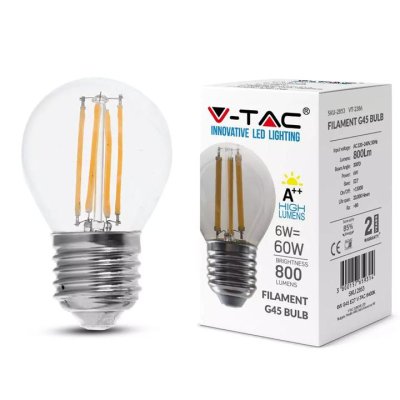 LED LAMPADINA 6W FILAMENTO E27 G45 TRASPARENTE 6400K 130LM/W