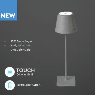 3W LAMPADA LED DA TAVOLO  IN ALLUMINIO RICARICABILE CON TOUCH DIMMERABILE CORPO GRIGIO 4000K