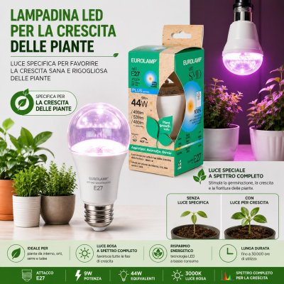 LAMPADINA LED 9W A60 PER LA CRESCITA DELLE PIANTE 220-240V