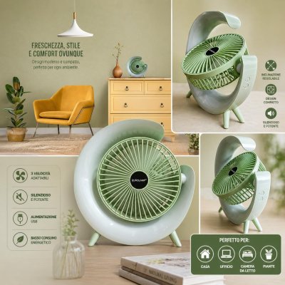 VENTILATORE DA TAVOLO RICARICABILE 5W D.14 LED RGB VERDE