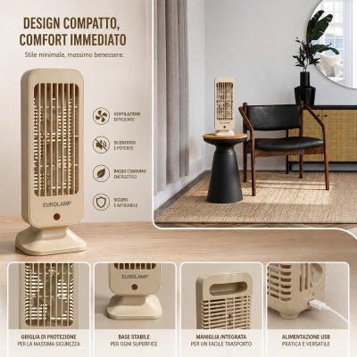 VENTILATORE DA TAVOLO A TORRE  DOPPIO RICARICABILE 5W CREMA
