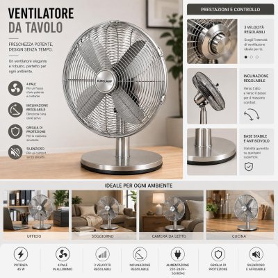 VENTILATORE DA TAVOLO IN ACCIAIO INOX D.30CM 50W