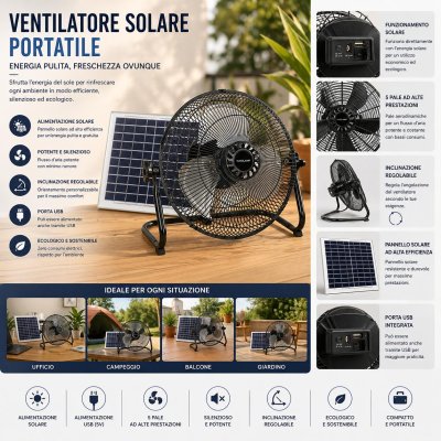 VENTILATORE SOLARE DIAM.37CM 15W 4400MAH 7,4V