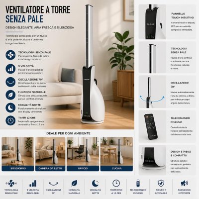 VENTILATORE A TORRE BIANCO IONIZZATORE 102CM MOTORE DC 30W