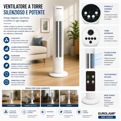 VENTILATORE A TORRE BIANCO DIGITALE 50W 83CM CON TELECOMANDO