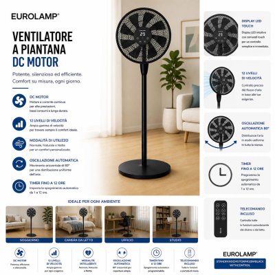 VENTILATORE A PIANTANA MOTORE  DC 40CM 25W NERO CON TELEC.