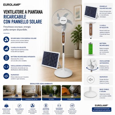 VENTILATORE SOLARE 45CM CON PANNELLO DA 15W RICARICABILE
