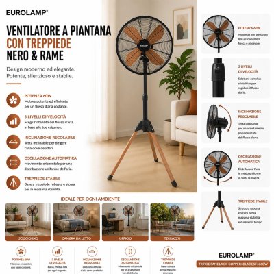 VENTILATORE A TREPPIEDE NERO-RAME 4 PALE 40CM 60W