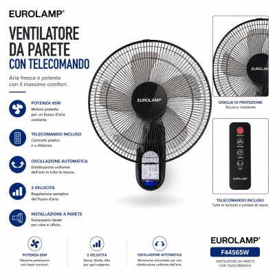 VENTILATORE DA PARETE NERO CON TELECOMANDO 45CM 65W
