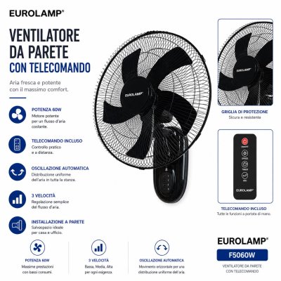 VENTILATORE DA PARETE NERO 50CM 60W CON TELECOMANDO