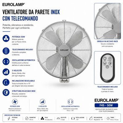 VENTILATORE DA PARETE IN ACCIAIO INOX 45CM 50W CON TELECOMAN
