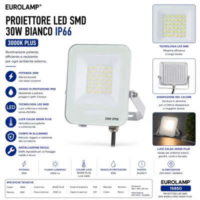 PROIETTORE LED SMD 30W BIANCO  IP66 3000K