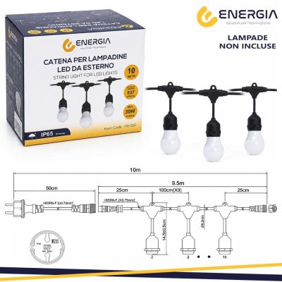 CATENARIA CON 10 LAMPADE E27 LUNGHEZZA 10MT NERO IP65