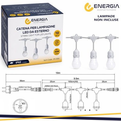 CATENARIA CON 10 LAMPADE E27 LUNGHEZZA 10MT BIANCO IP65