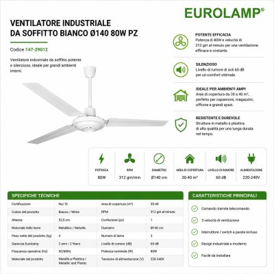 VENTILATORE INDUSTRIALE DA SOFFITTO BIANCO 140CM 80W