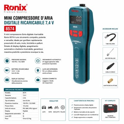 MINI COMPRESSORE D ARIA DIGITALE  RICARICABILE DA 7,4 V